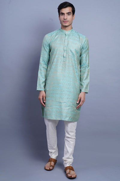 Banarasi Art Silk Cotton Turquoise Kurta Pajama