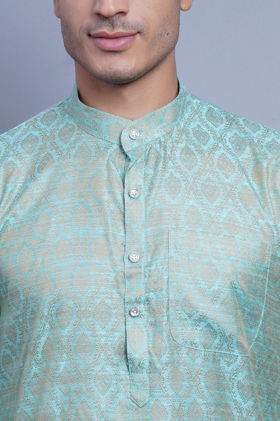 Wintage Men's Banarasi Art Silk Cotton Blend Festive and Casual Long Indian Kurta Comfy Sleepset Top : Torquoise