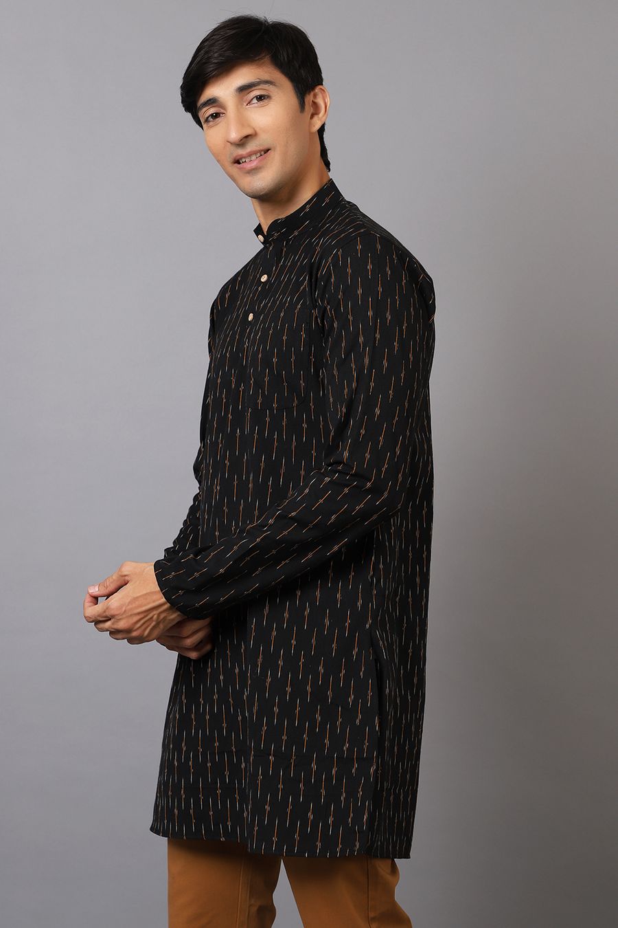 Ikat Cotton Black Long Kurta 