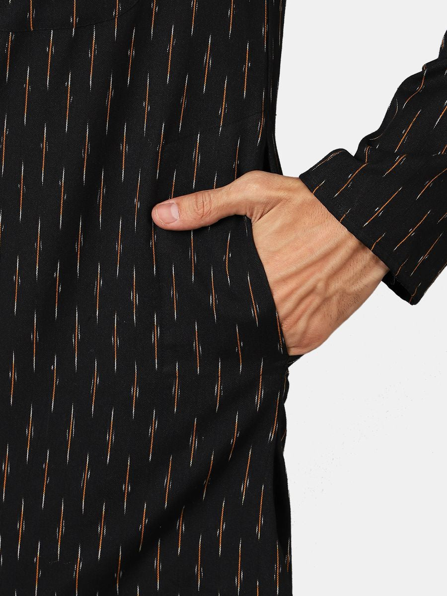 Ikat Cotton Black Long Kurta 