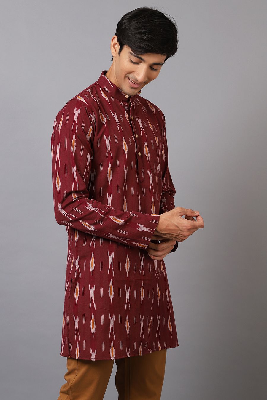 Ikat Cotton Maroon Long Kurta 