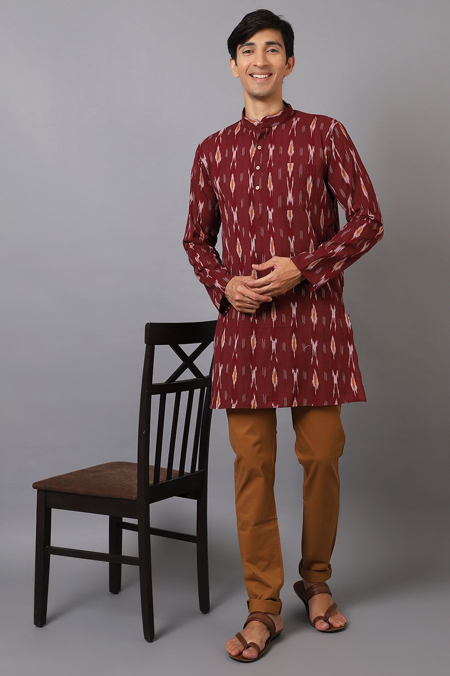 Ikat Cotton Maroon Long Kurta 