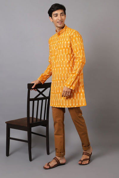 Ikat Cotton Yellow Long Kurta 