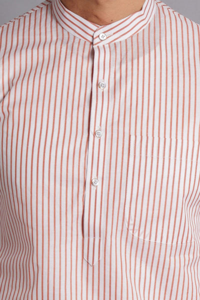 Cotton Brick Red Striped Long Kurta Pajama
