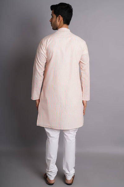 Linen Cotton Orange Striped Long Kurta Pajama