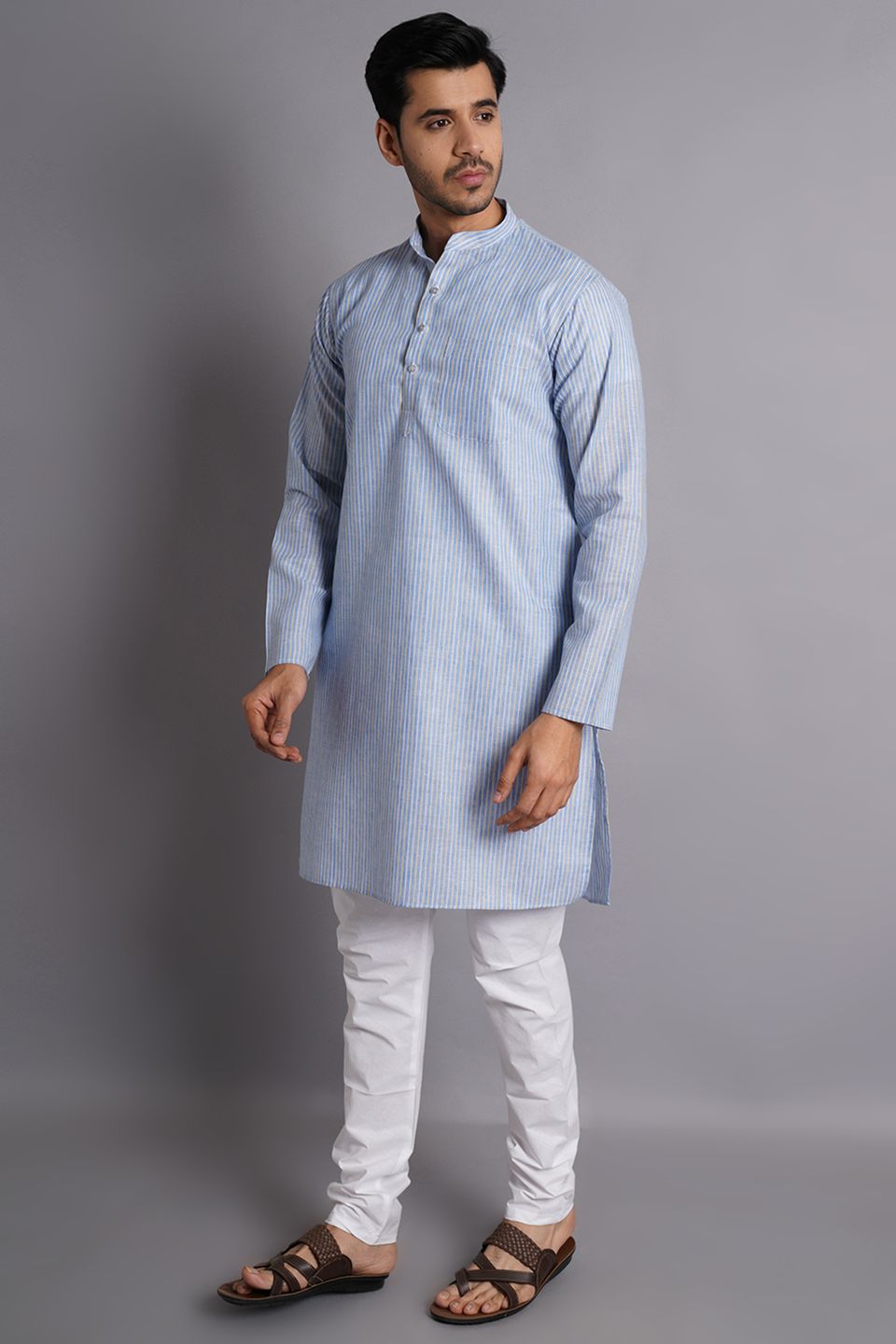 Linen Cotton Blue Striped Long Kurta Pajama