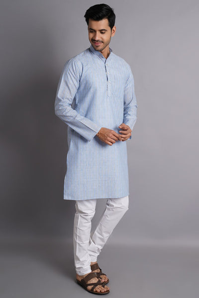 Linen Cotton Blue Striped Long Kurta Pajama