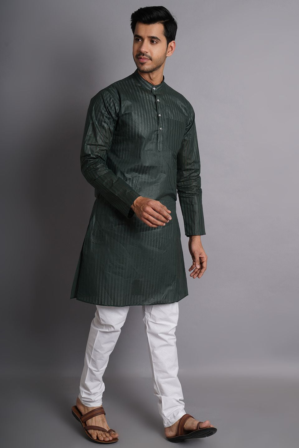 Cotton Green Striped Long Kurta Pajama