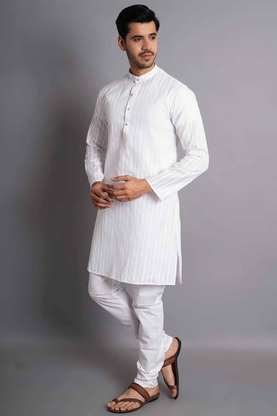 Buy WINTAGE Men s Cotton White Striped Long Kurta Pajama Online