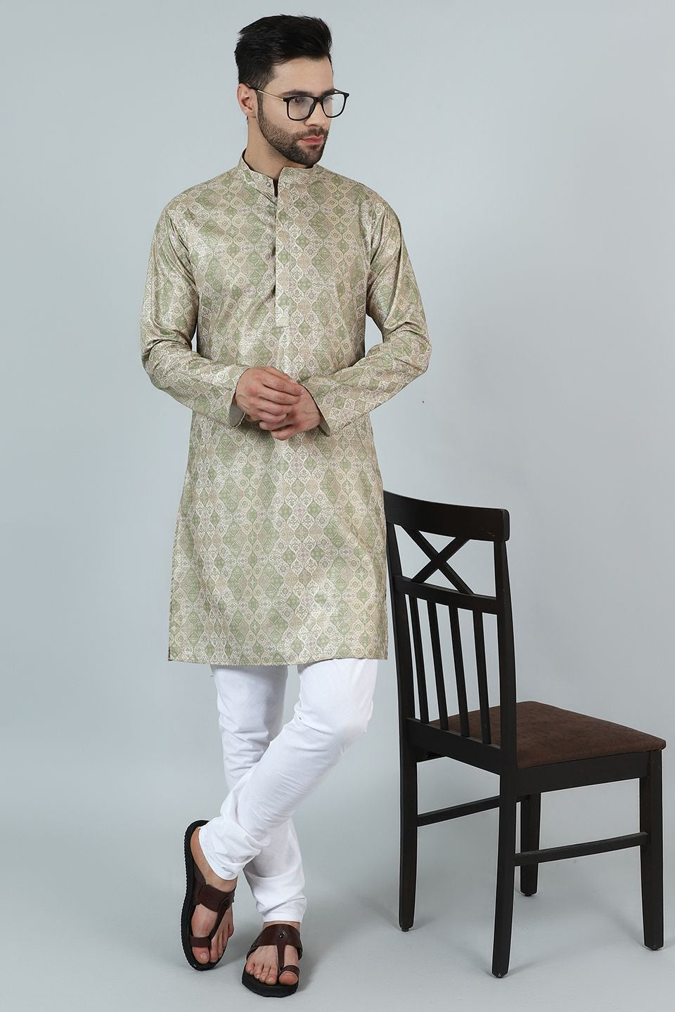 Digital Print Cotton Silk Green Kurta Payjama