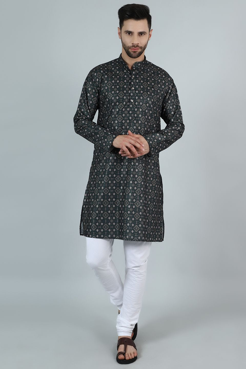 Digital Print Cotton Silk Green Kurta Payjama