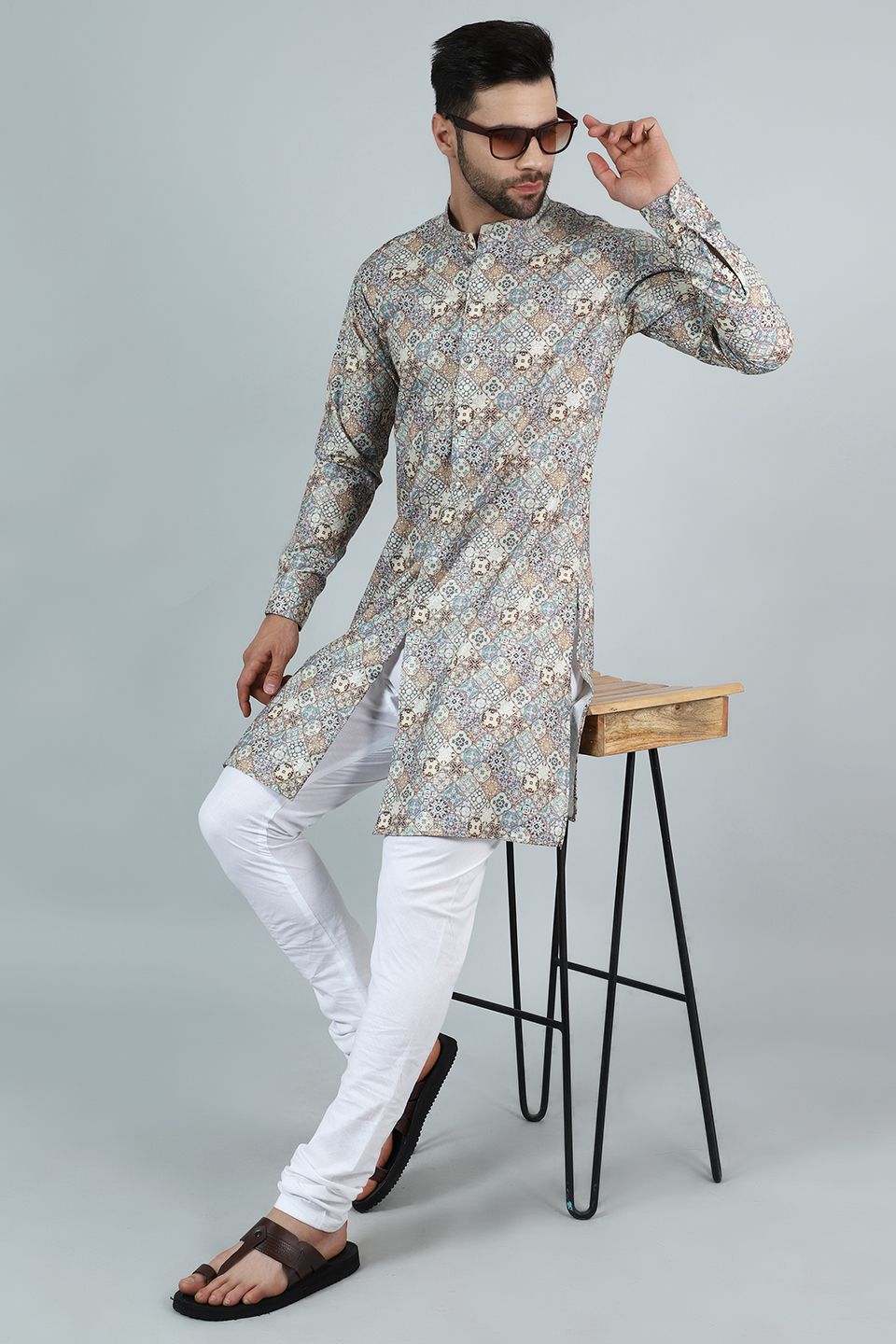 Digital Print Cotton Silk Grey Kurta Payjama