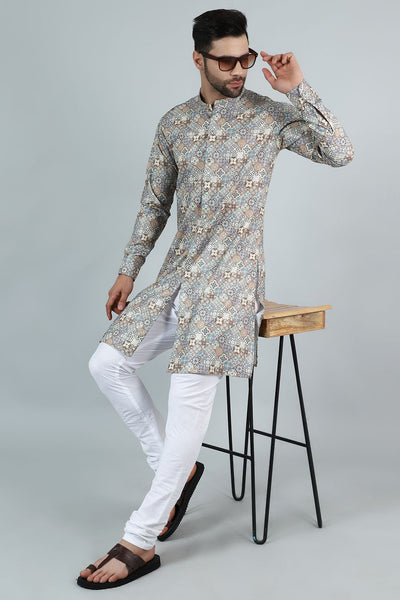 Digital Print Cotton Silk Grey Kurta Payjama