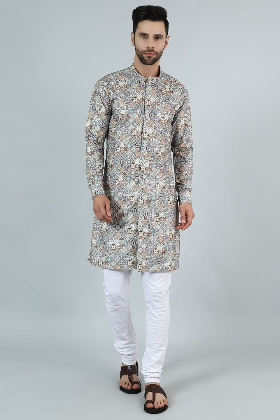 Digital Print Cotton Silk Grey Kurta Payjama