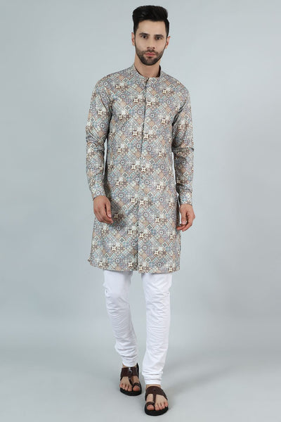 Digital Print Cotton Silk Grey Kurta Payjama