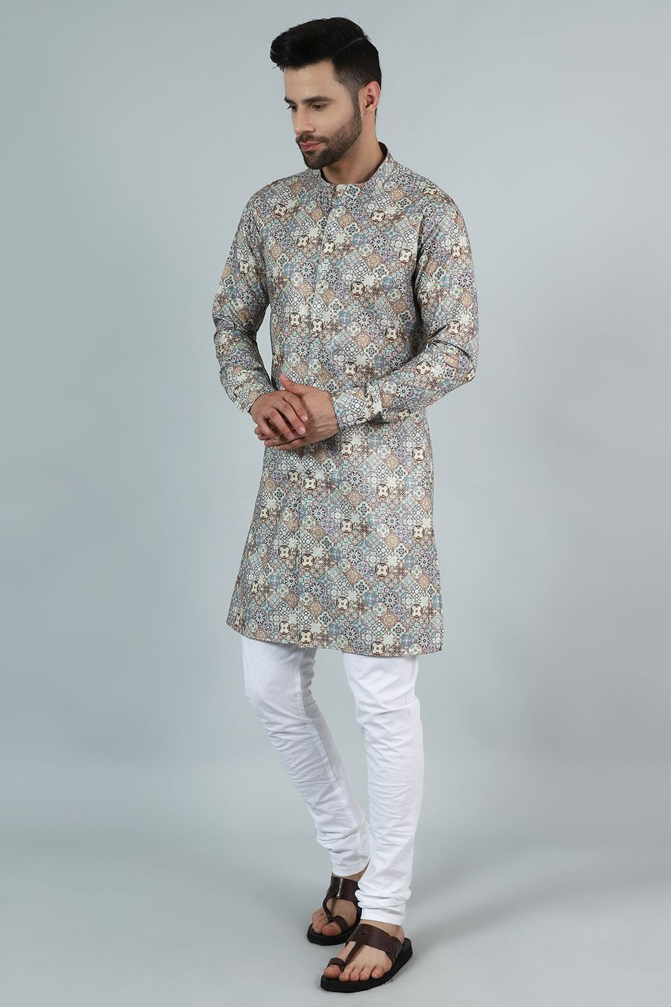 Digital Print Cotton Silk Grey Kurta Payjama