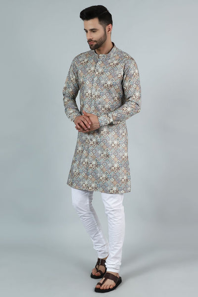 Digital Print Cotton Silk Grey Kurta Payjama