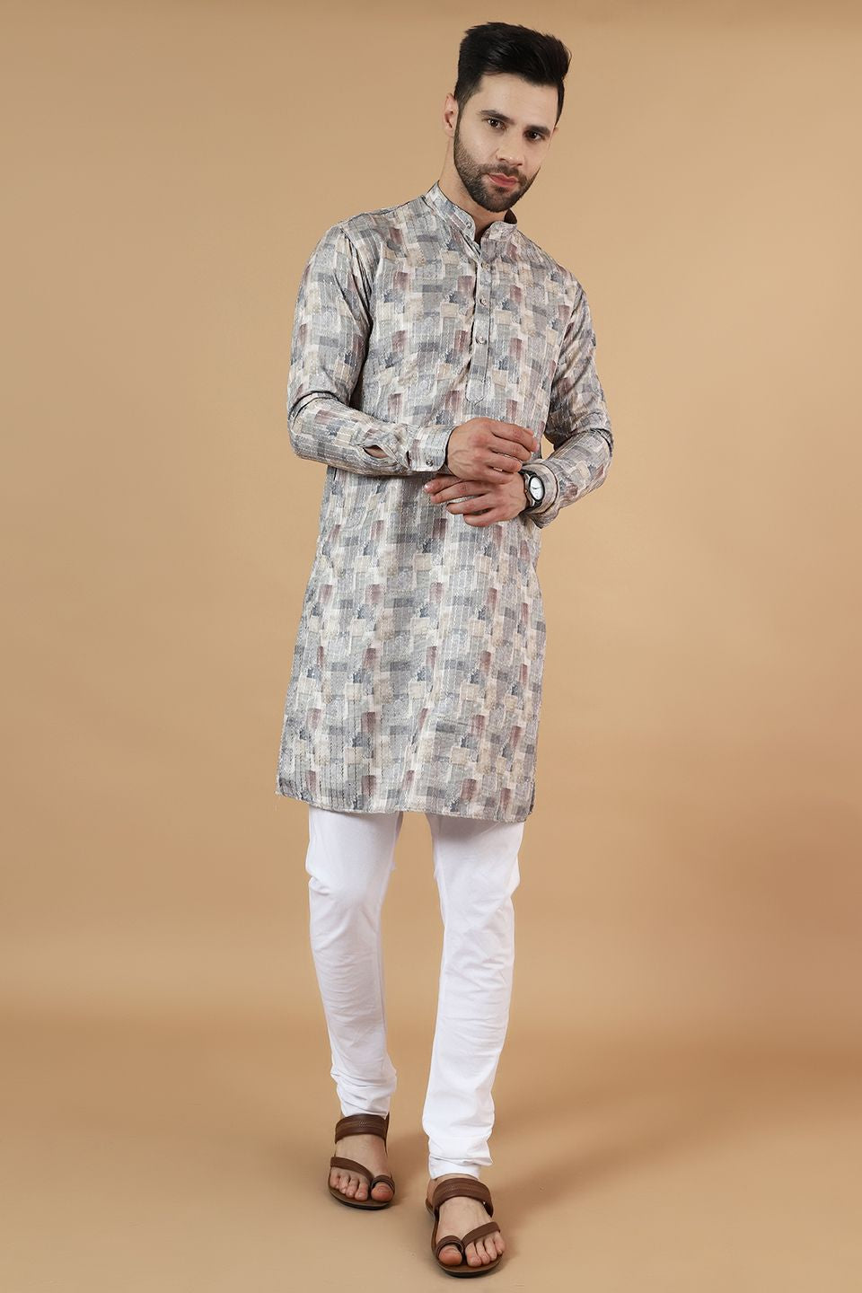 Digital Print Cotton Silk Grey Kurta Payjama