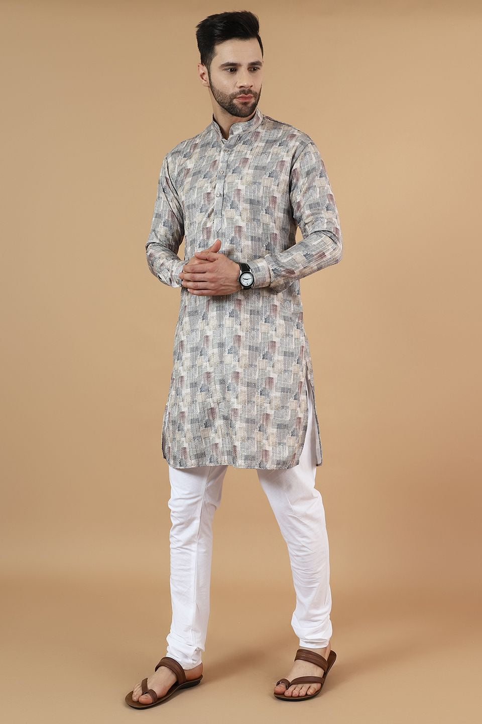 Digital Print Cotton Silk Grey Kurta Payjama