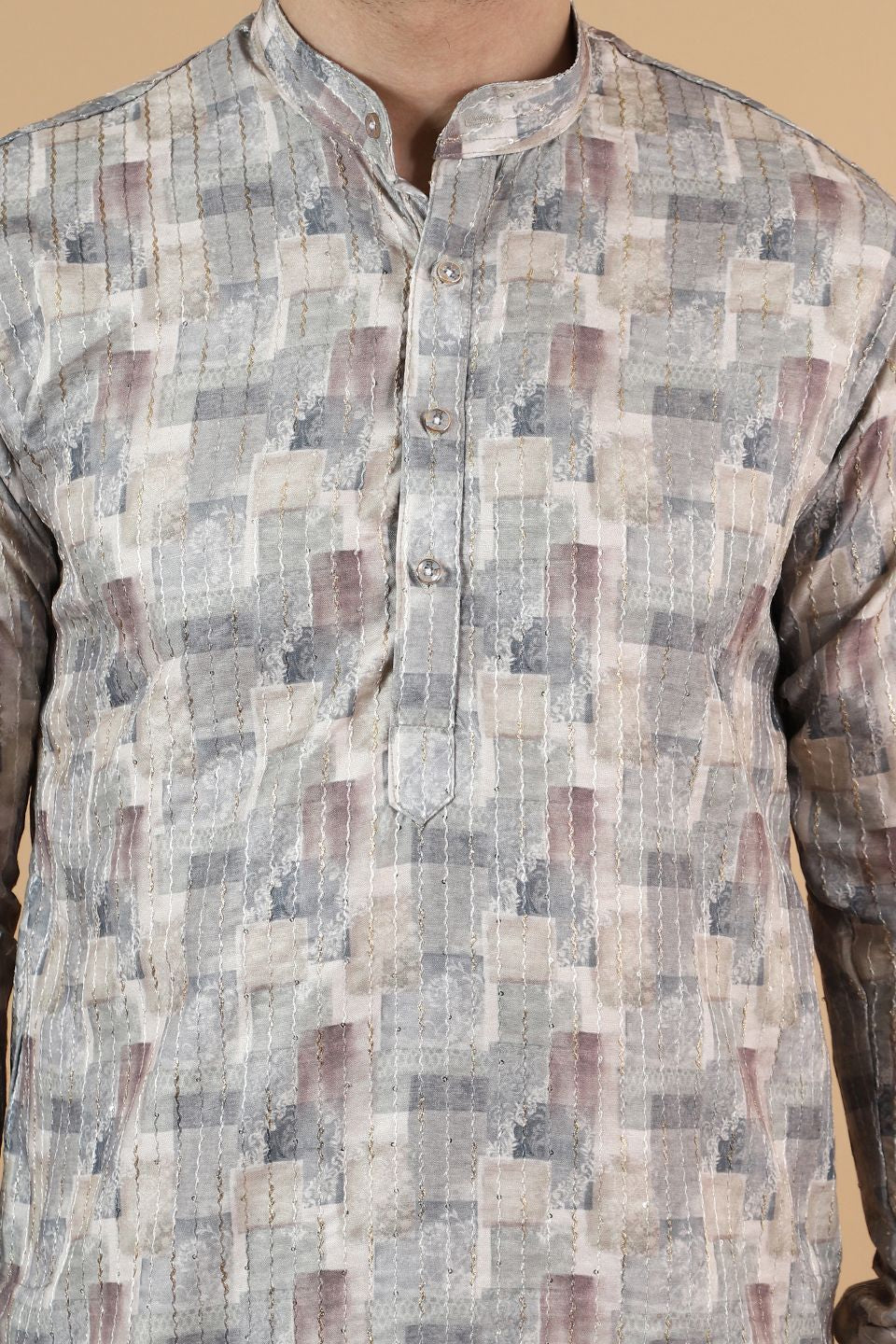 Digital Print Cotton Silk Grey Kurta Payjama