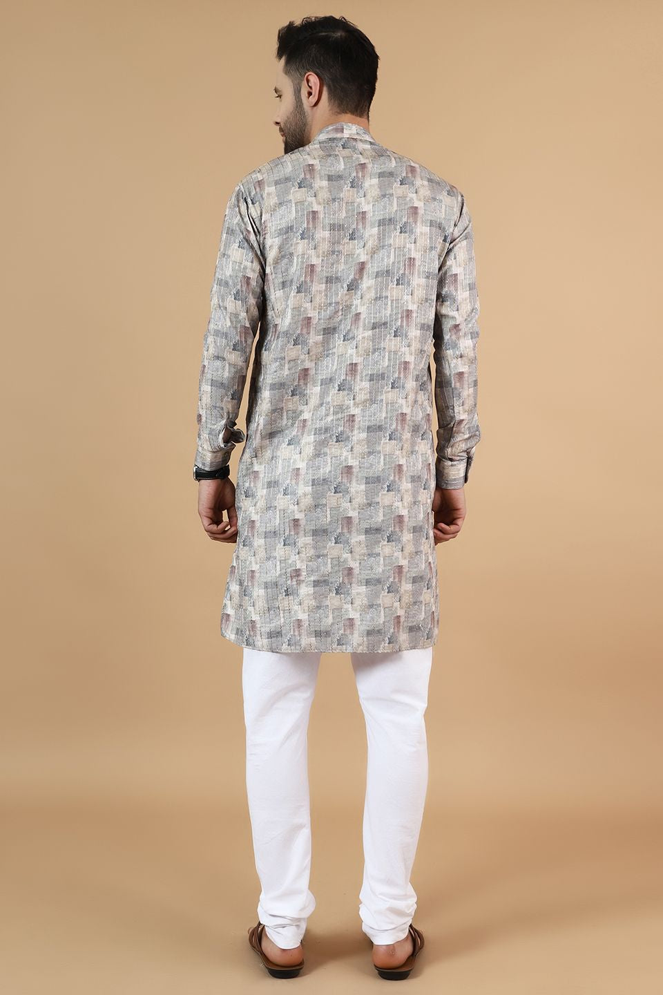 Digital Print Cotton Silk Grey Kurta Payjama