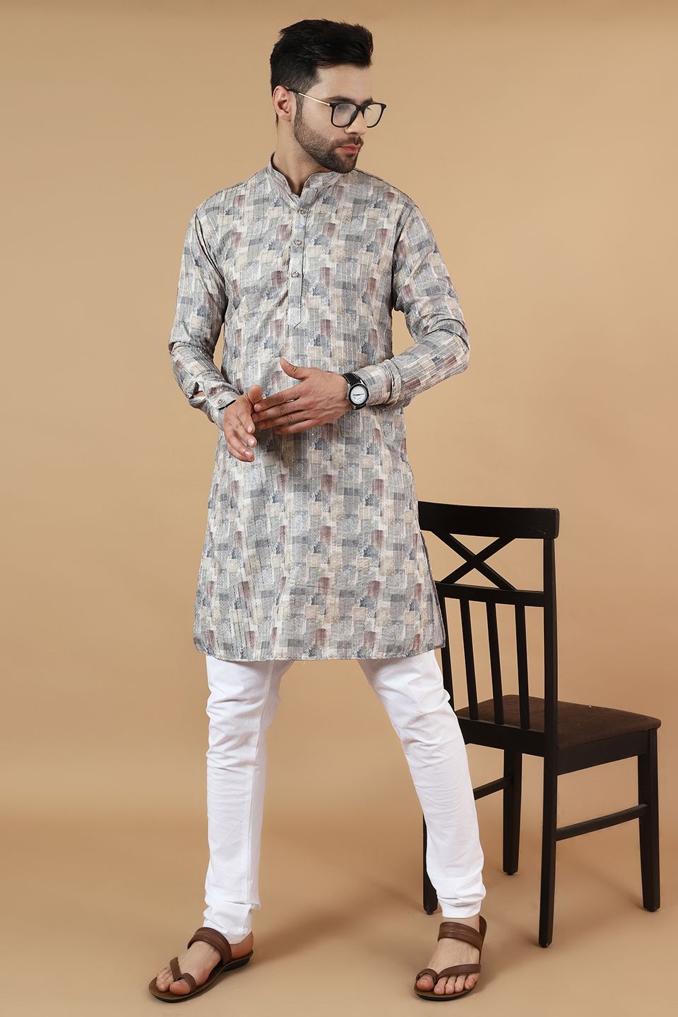 Digital Print Cotton Silk Grey Kurta Payjama