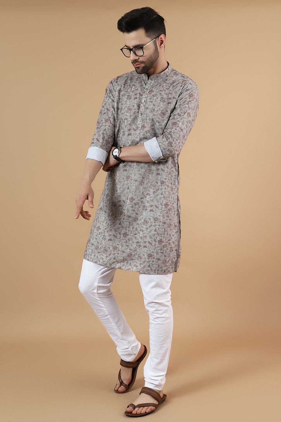 Digital Print Cotton Silk Grey Kurta Payjama