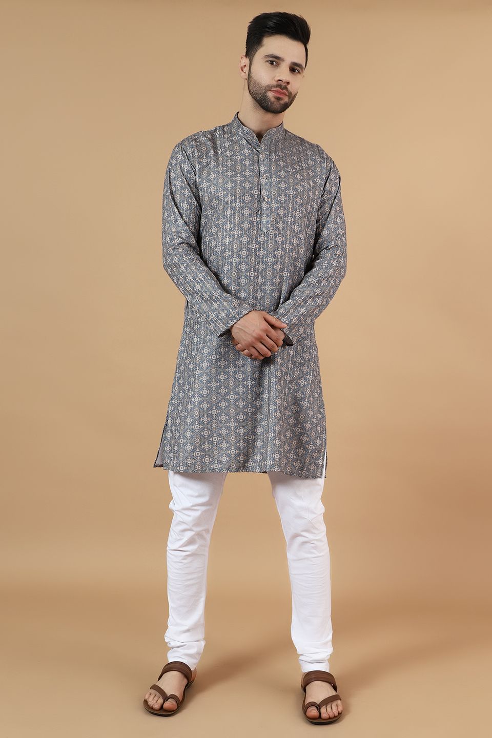 Digital Print Cotton Silk Grey Kurta Payjama