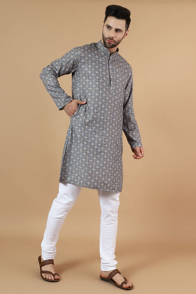 Digital Print Cotton Silk Grey Kurta Payjama