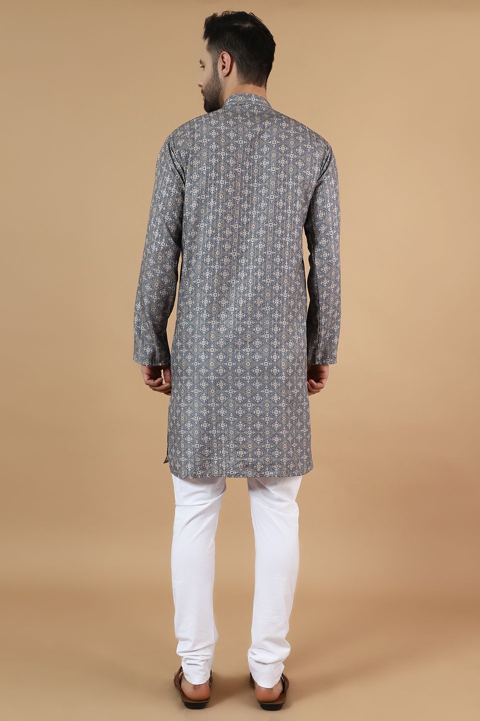 Digital Print Cotton Silk Grey Kurta Payjama