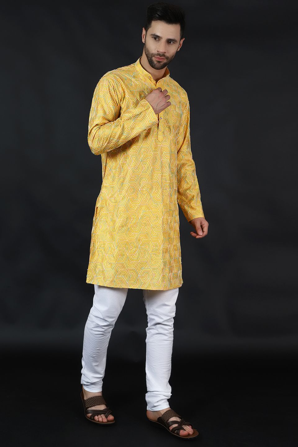 Digital Print Cotton Silk Yellow Kurta Payjama