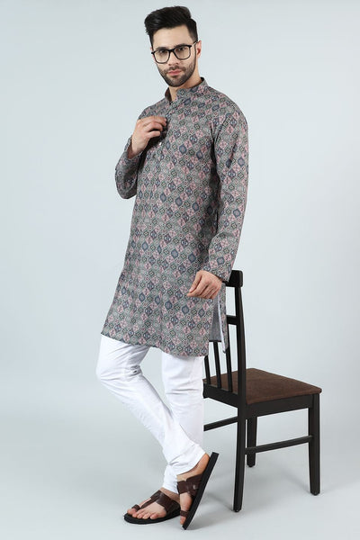 Digital Print Cotton Silk Grey Kurta Payjama