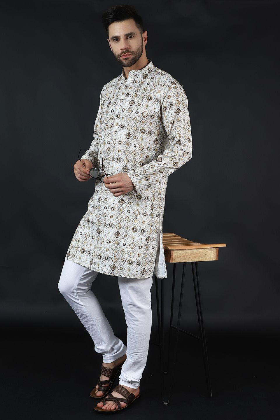 Digital Print Cotton Silk Cream Kurta Payjama