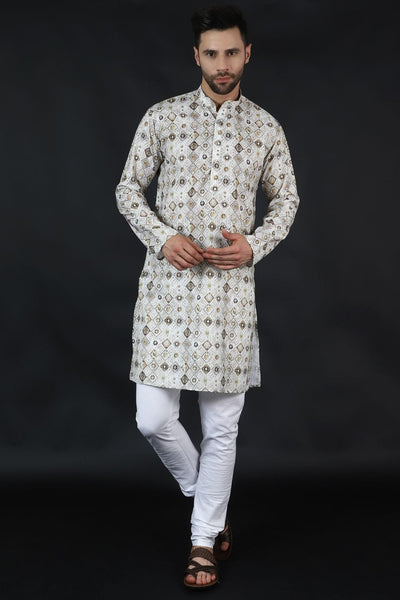 Digital Print Cotton Silk Cream Kurta Payjama