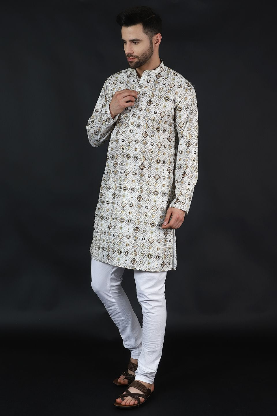 Digital Print Cotton Silk Cream Kurta Payjama