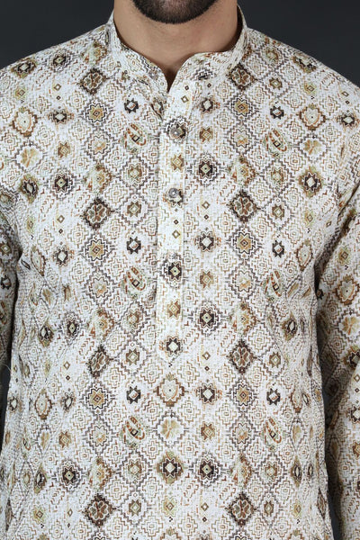 Digital Print Cotton Silk Cream Kurta Payjama