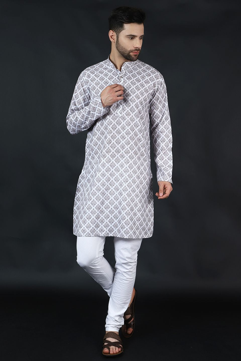 Digital Print Cotton Silk White Kurta Payjama