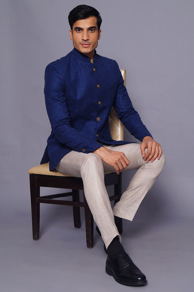 Wintage Men's Wool Casual and Festive Bandhgala Blazer : Blue 