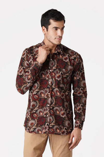 Wintage Men's Jaipur Cotton Tropical Hawaiian Batik Casual Shirt: Maroon