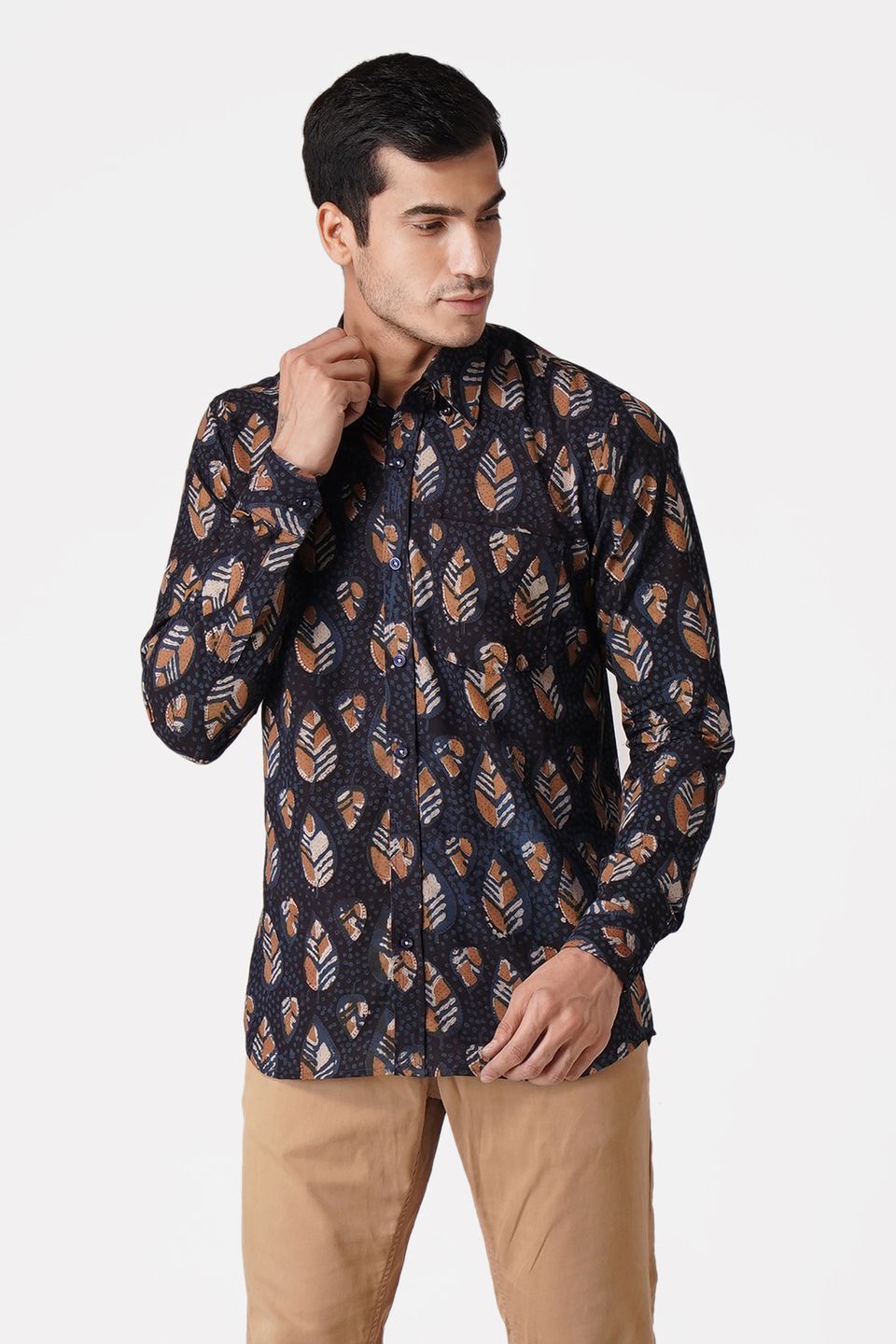 Wintage Men's Jaipur Cotton Tropical Hawaiian Batik Casual Shirt: Black