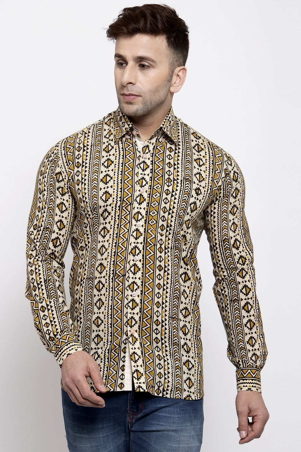 Wintage Men's Jaipur Cotton Tropical Hawaiian Batik Casual Shirt: Camel