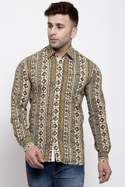 Wintage Men's Jaipur Cotton Tropical Hawaiian Batik Casual Shirt: Camel
