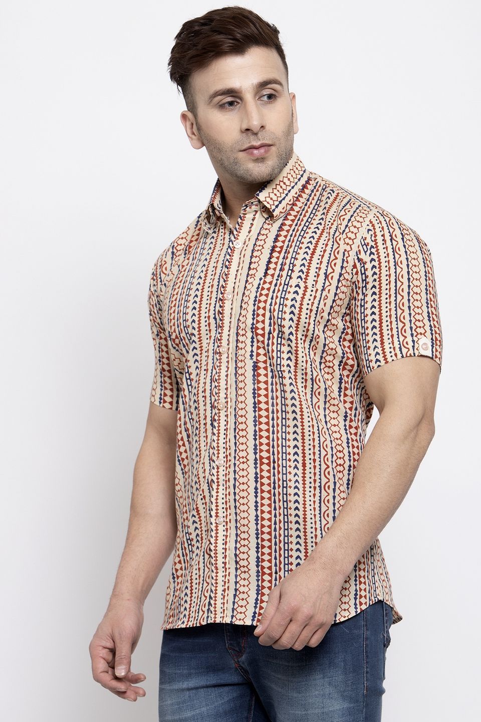 Wintage Men's Jaipur Cotton Tropical Hawaiian Batik Casual Shirt: Cream