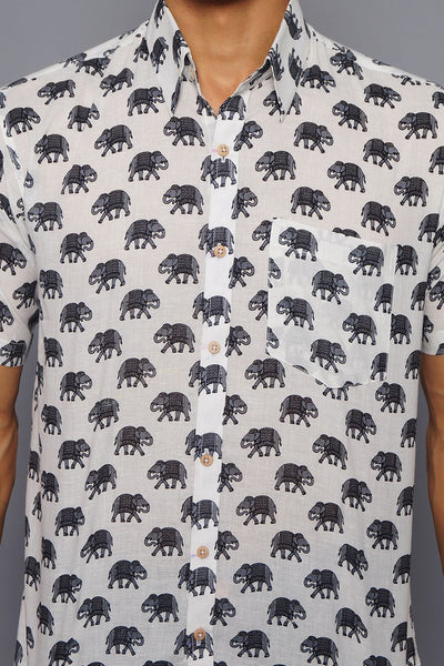 Wintage Men's Jaipur Black Elephant Print Cotton Tropical Hawaiian Batik Casual Shirt -Black