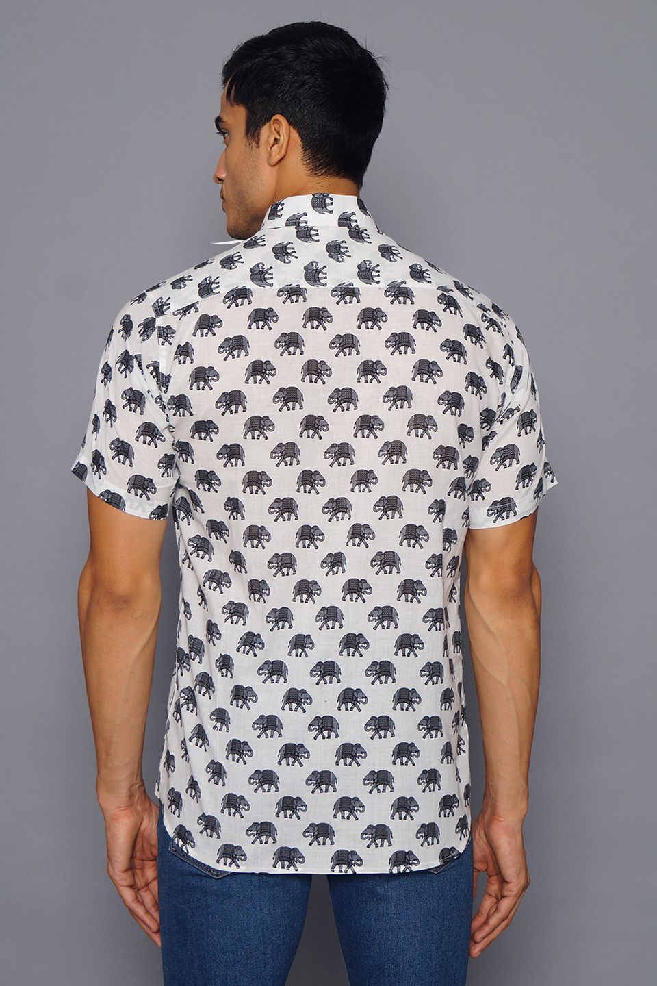 Wintage Men's Jaipur Black Elephant Print Cotton Tropical Hawaiian Batik Casual Shirt -Black