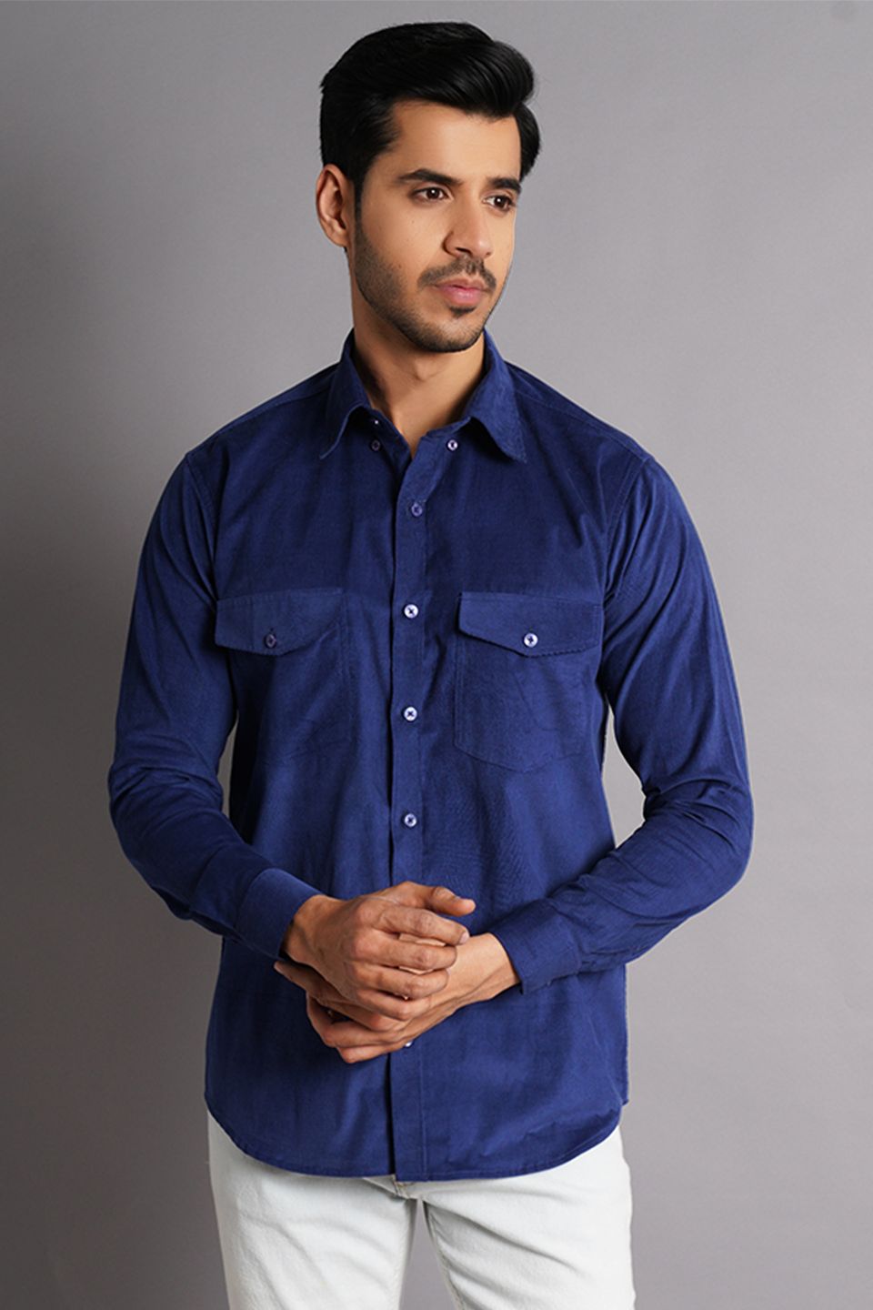 Corduroy Cotton Blue Solid Shirt
