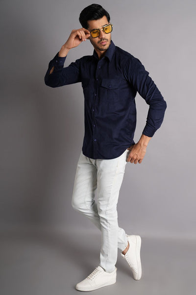Corduroy Cotton Dark Blue Solid Shirt