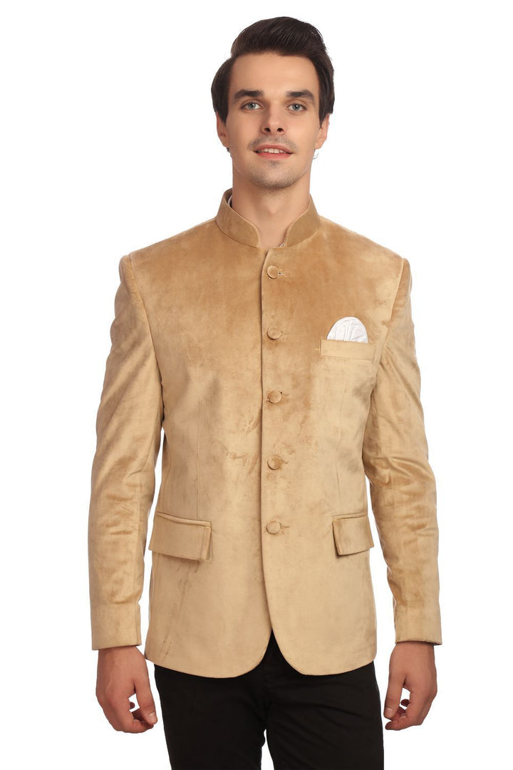 Wintage Men's Velvet Grandad Nehru Blazer Coat Jacket:Brown Camel