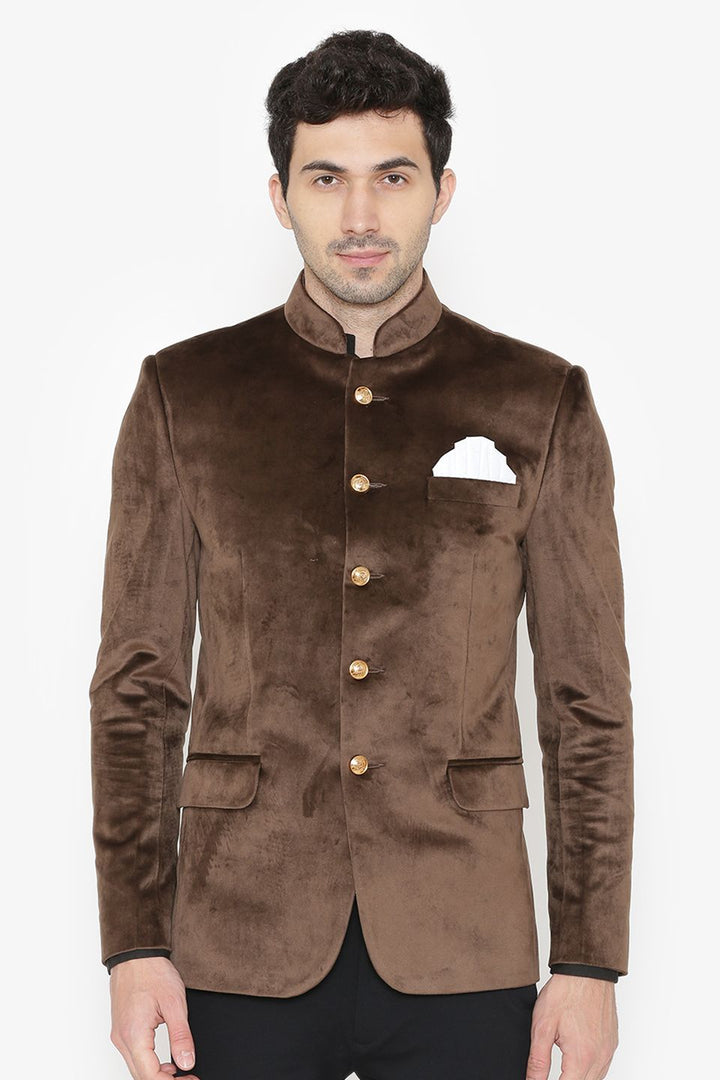 Wintage Men s Cotton Velvet Solid Mandarin Collar Ethnic Bandhgala Jodhpuri Blazer Brown 1