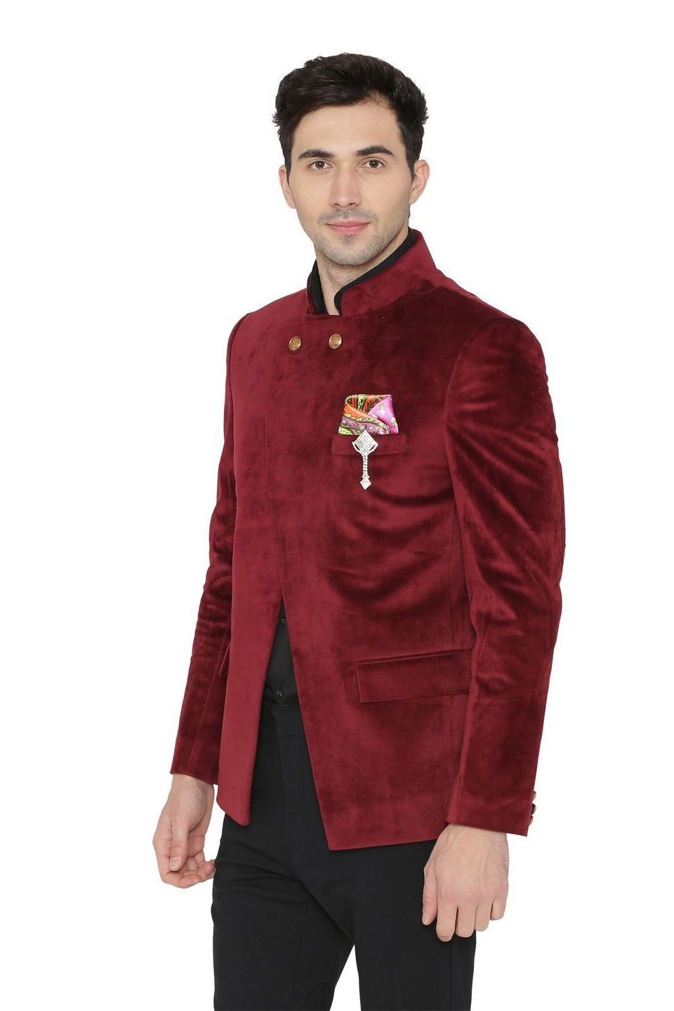 Wintage Men s Velvet Casual and Festive Indian Jodhpuri Grandad Bandhgala Blazer 3 Colors Maroon